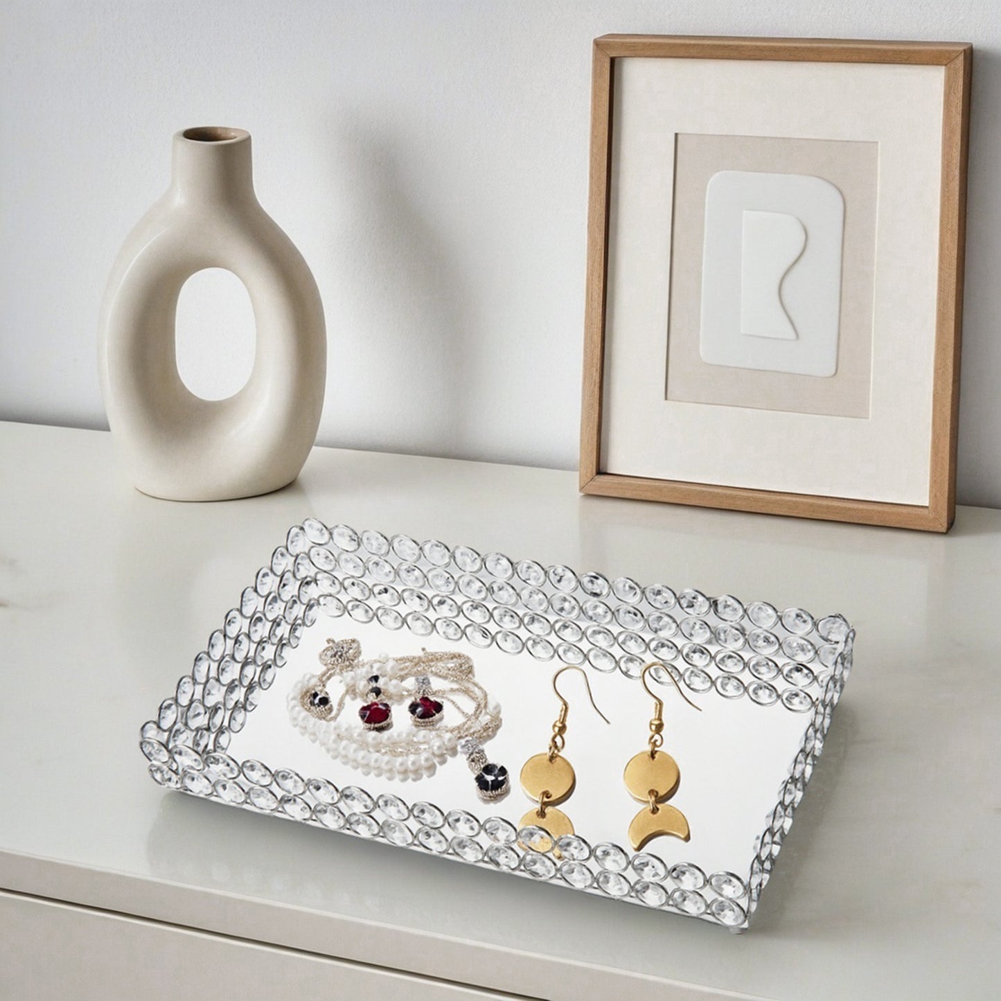 Feyarl Großes Kosmetiktablett aus Kristallglas, für Parfüm, Schminktisch, Make-up, verspiegelt, für Schmuck, Ringe, Ohrringe, Organizer, Aufbewahrung, dekoratives Tablett für Kommode, Arbeitsplatte, Hochzeit, Zuhause, Badezimmer (34,5 x 20,8 cm)