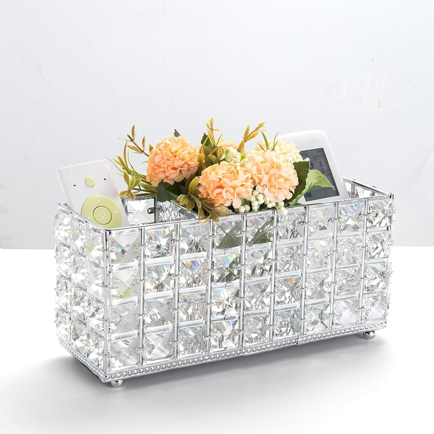 Crystal Makeup Brush Holder Bling Sparkly Handcrafted Comb Brush Pen Pencil Pot Storage Cosmetic Tools Remote Control Organizer Container for Dressing Table Office Living Room (Silver)
