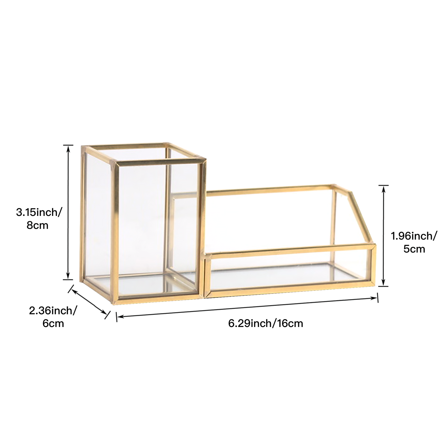Feyarl Gold Glass Business Card Holder & Pen Stand, 2-Slot Desktop Organizer for Office & Meeting