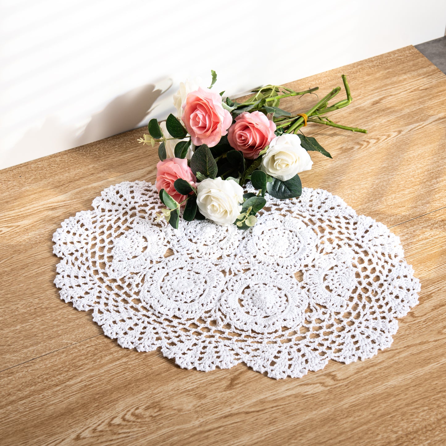 Eiyye 2-Pieces Handmade Cotton Crochet Doilies Oval Lace Table Placemats 12 X17Inch, Beige