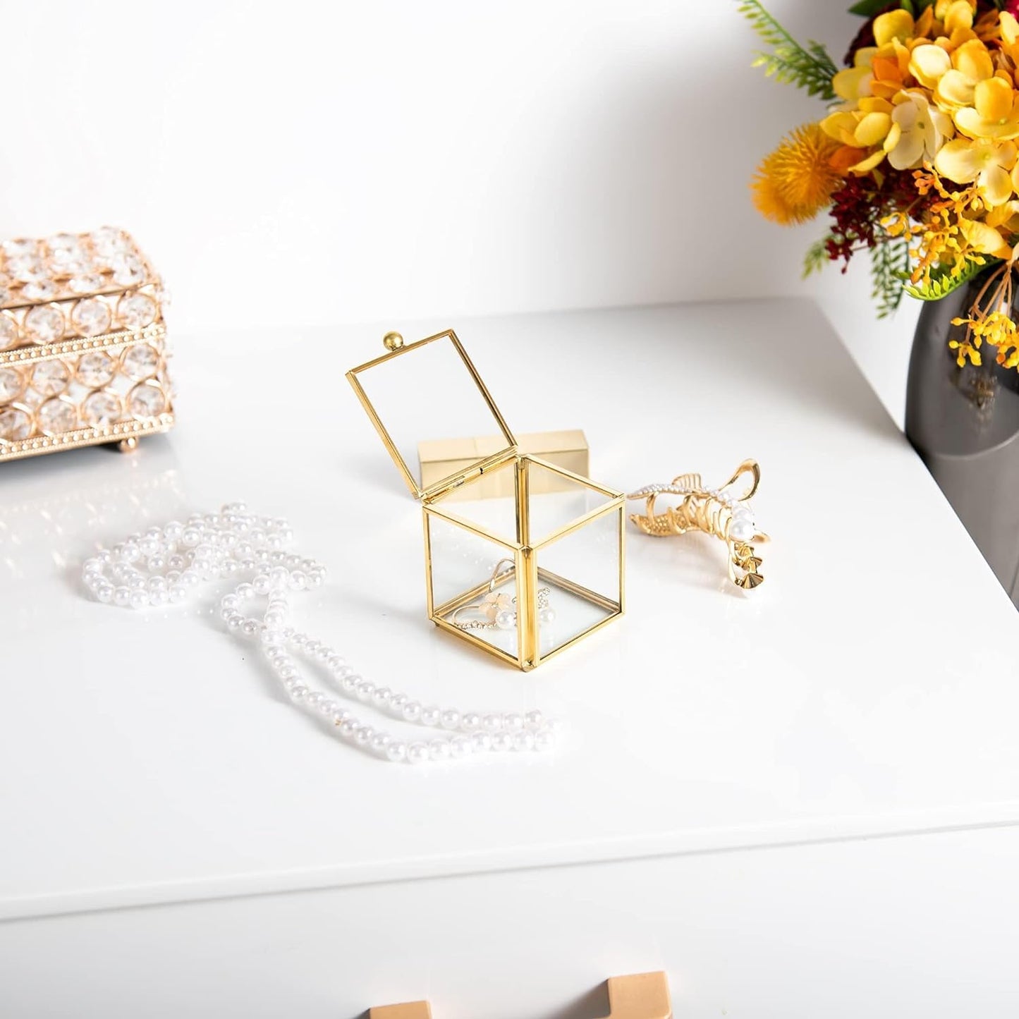 Small Glass Jewelry Trinket Box Ornate Rings Earrings Display Shadow Box Treasure Chest Organizer Decorative Keepsake Case with Lid for Wedding Birthday Gift (Gold)