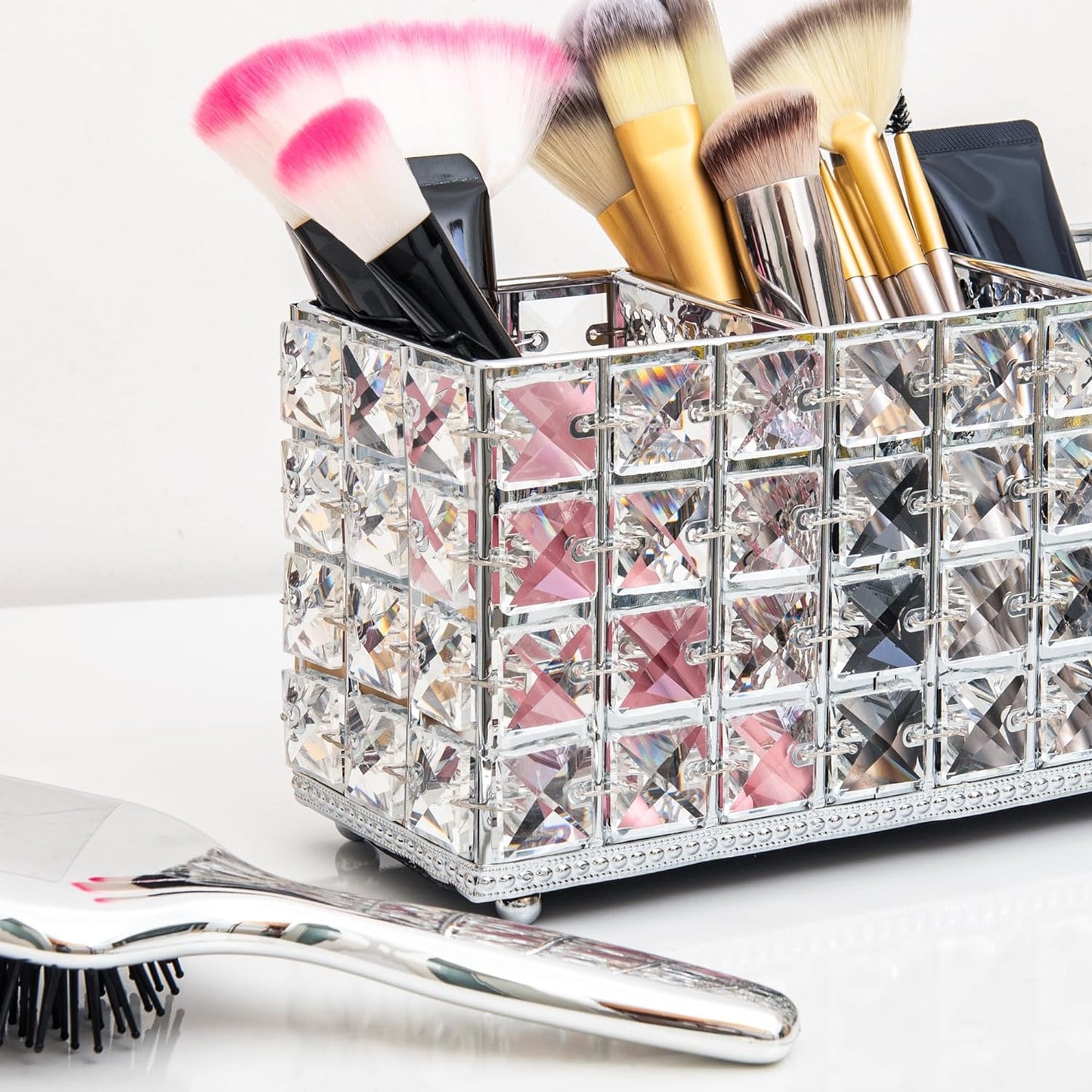 Crystal Makeup Brush Holder Bling Sparkly Handcrafted Comb Brush Pen Pencil Pot Storage Cosmetic Tools Remote Control Organizer Container for Dressing Table Office Living Room (Silver)