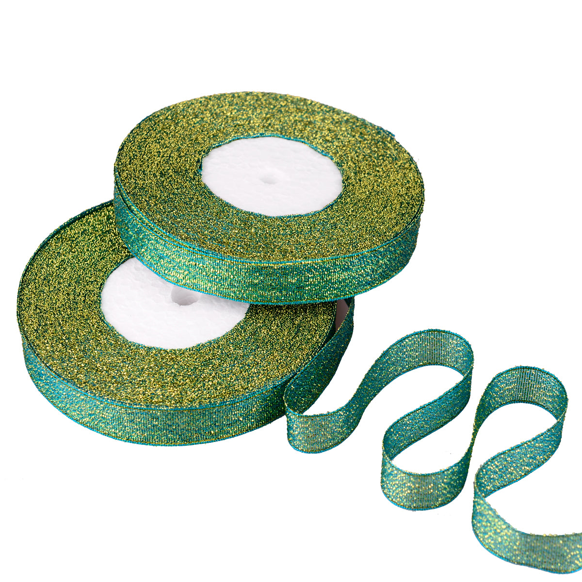 Feyarl Sparkly Green Ribbon, 5/8-Inch Wide, 50 Yards (2 Rolls) Metallic Glitter for Christmas, Crafts, Gift Wrap