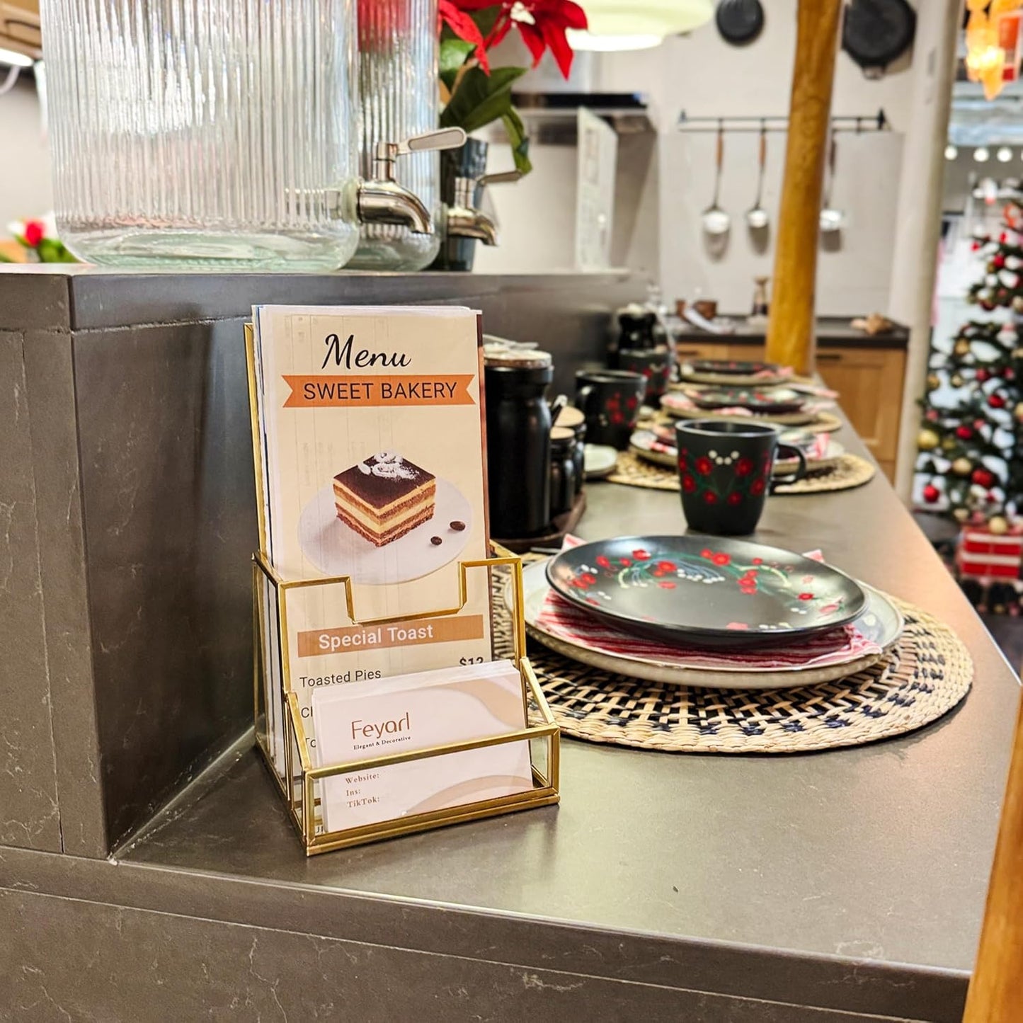 Feyarl Gold Glass Brochure Holder with Business Card Slot, Pamphlet & Flyer Display Stand for Countertop