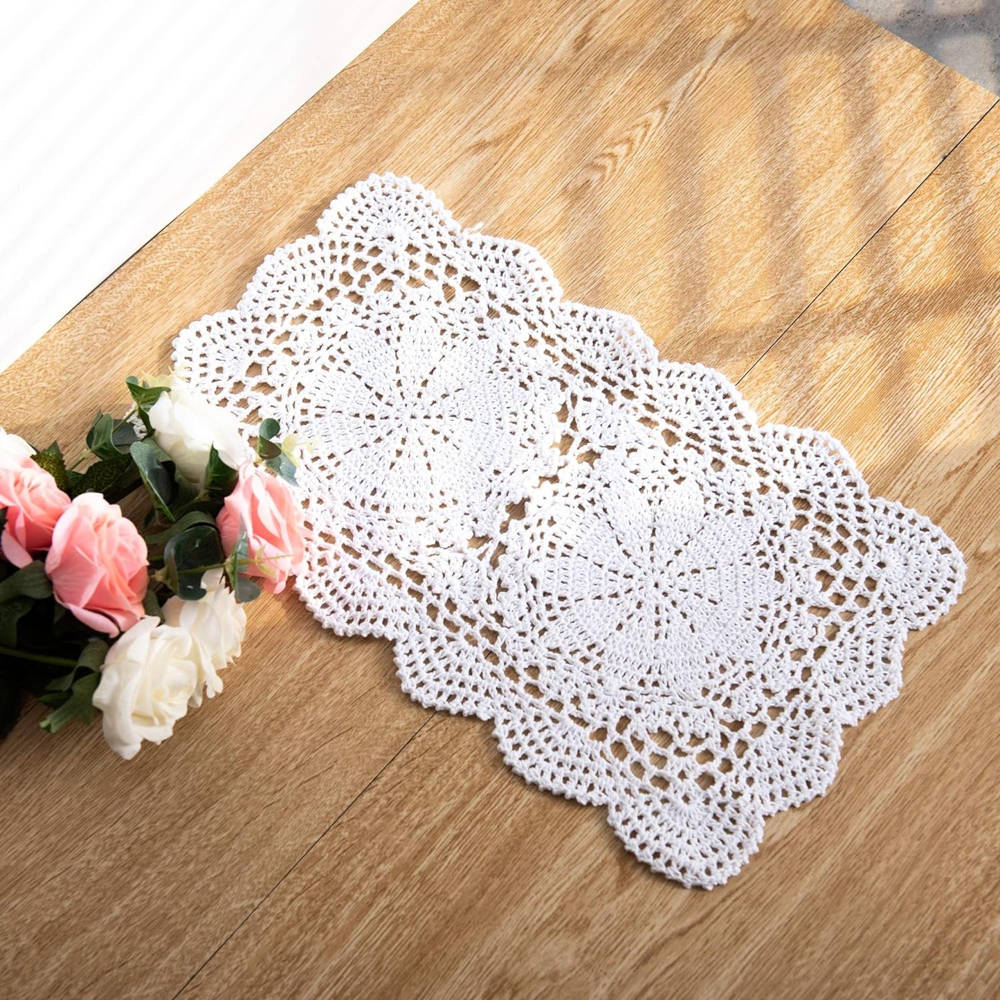 2-Pieces Handmade Cotton Crochet Doilies Rectangle Lace Table Crochet Placemats 10.6X16.9 Inch (White)