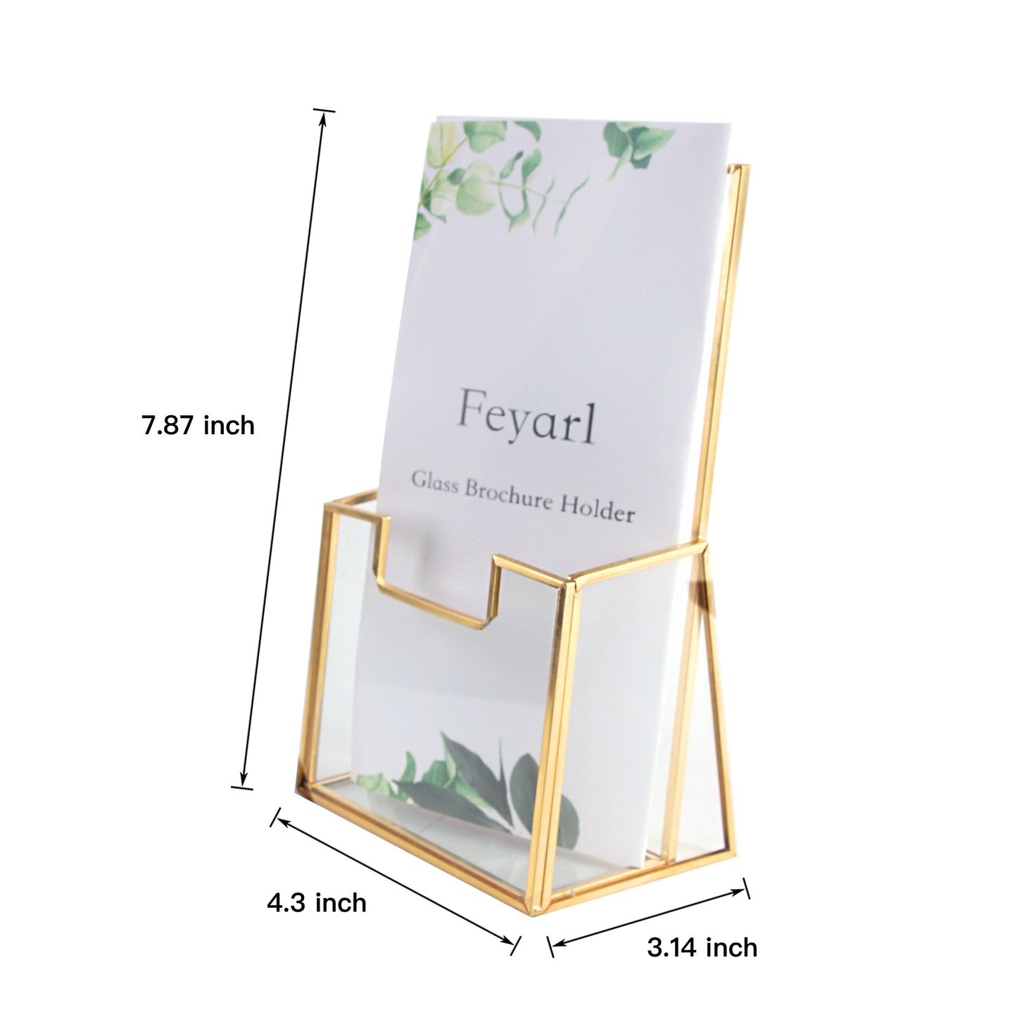 Glass Brochure Holder dimension guide showing the 4.3 × 3.14 × 7.87 inch size measurements