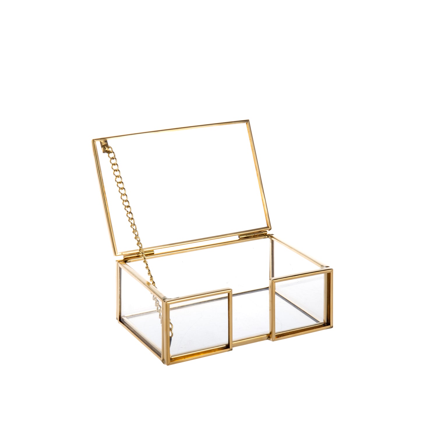 Elegant Clear Glass Business Card Holder with gold edge, decorative lid and chain for organized name card storage