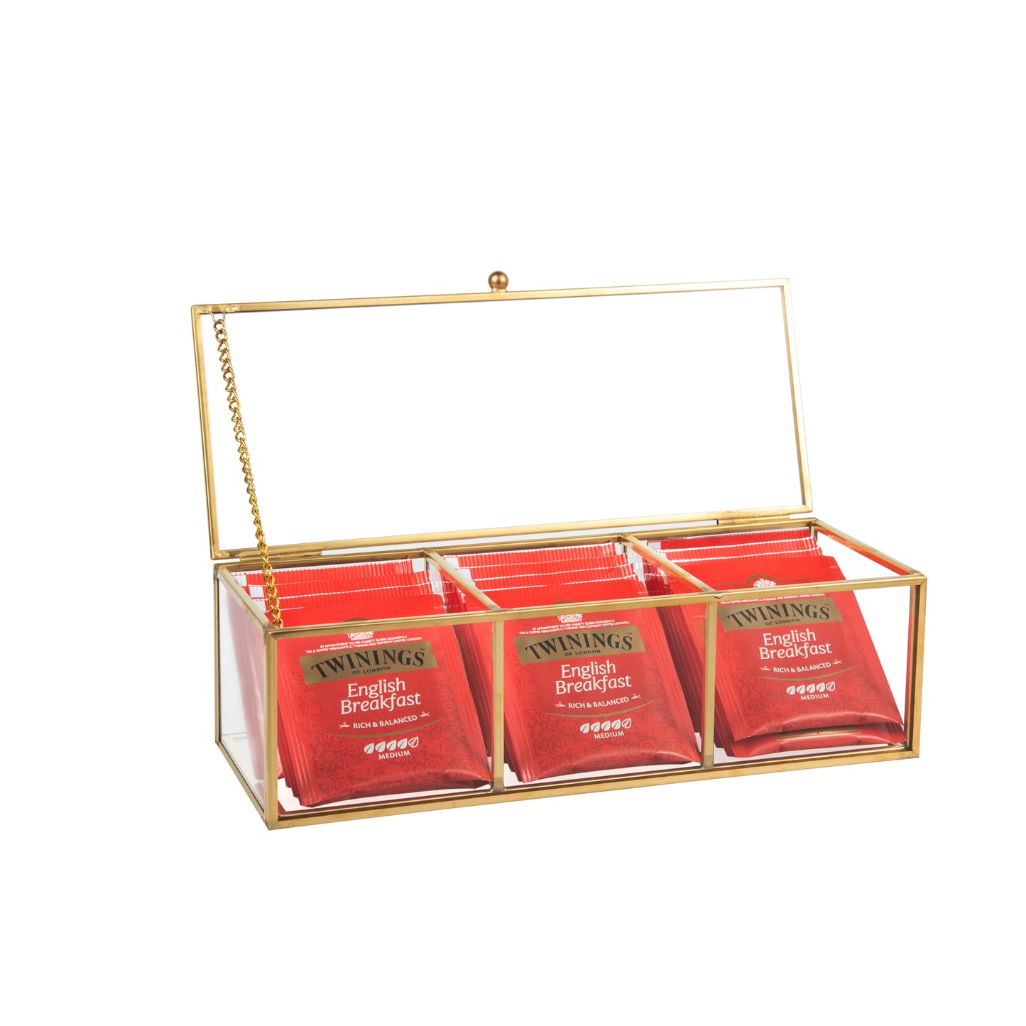 Gold Glass Display Box with tea bags showcasing its clear glass design and elegant gold frame
