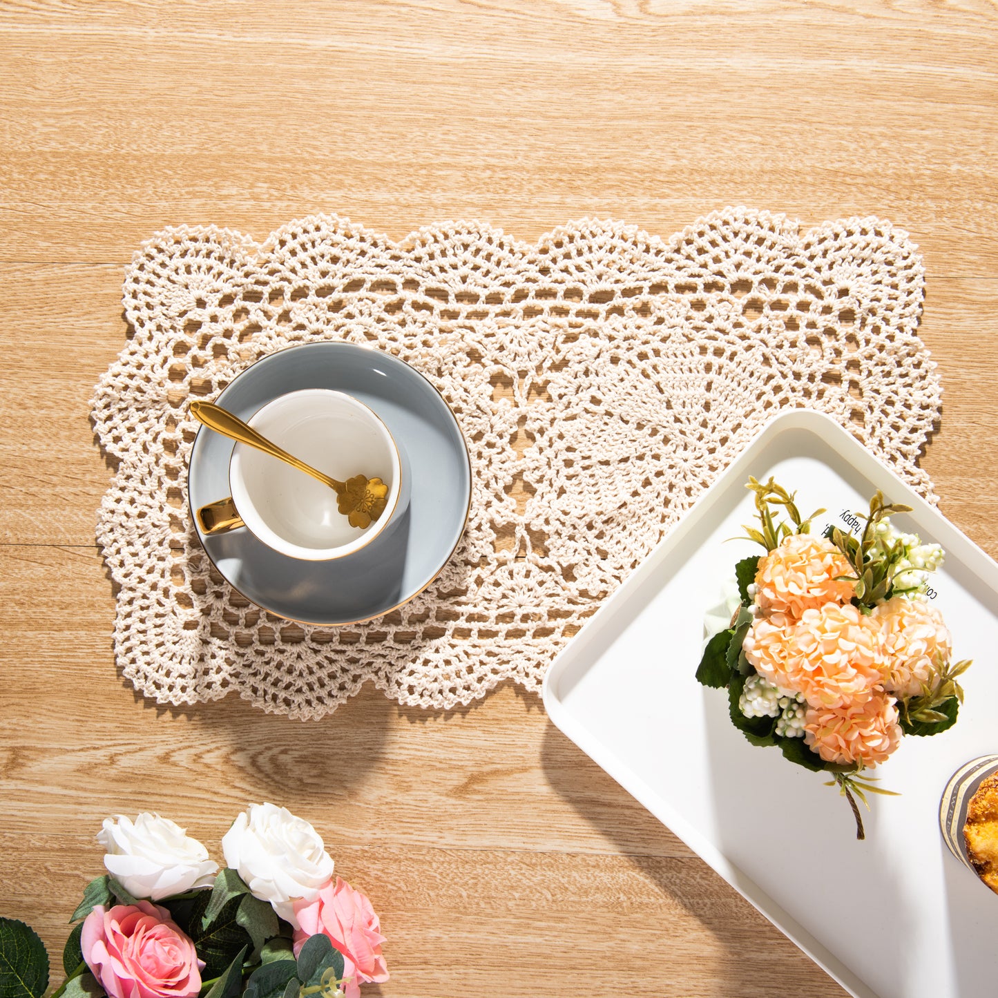 Eiyye 2-Pieces Cotton Crochet Doilies Rectangle Lace Table Crochet Placemats 10.6X16.9 Inch (White)