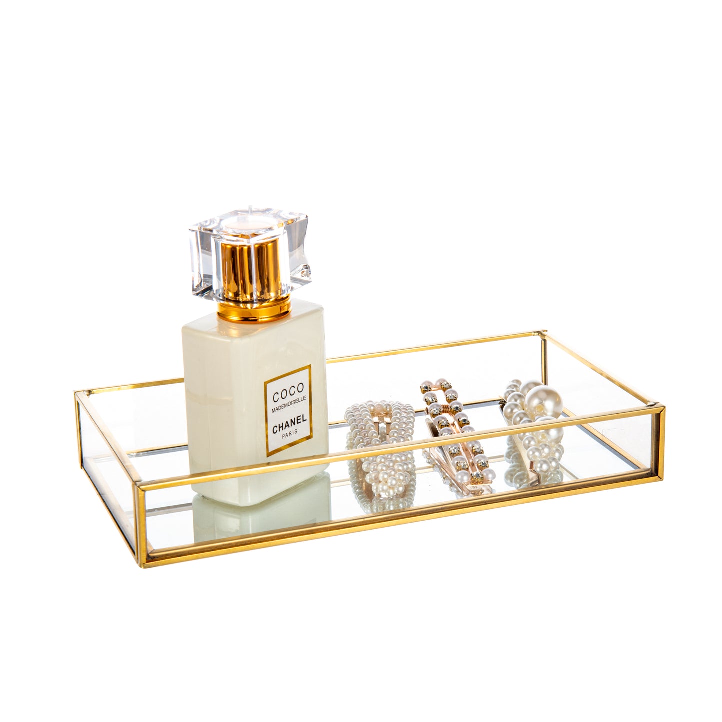 Feyarl Gold Glass Vanity Tray, Jewelry & Trinket Organizer for Rings, Earrings, Perfume, Decorative Tray for Dresser & Office
