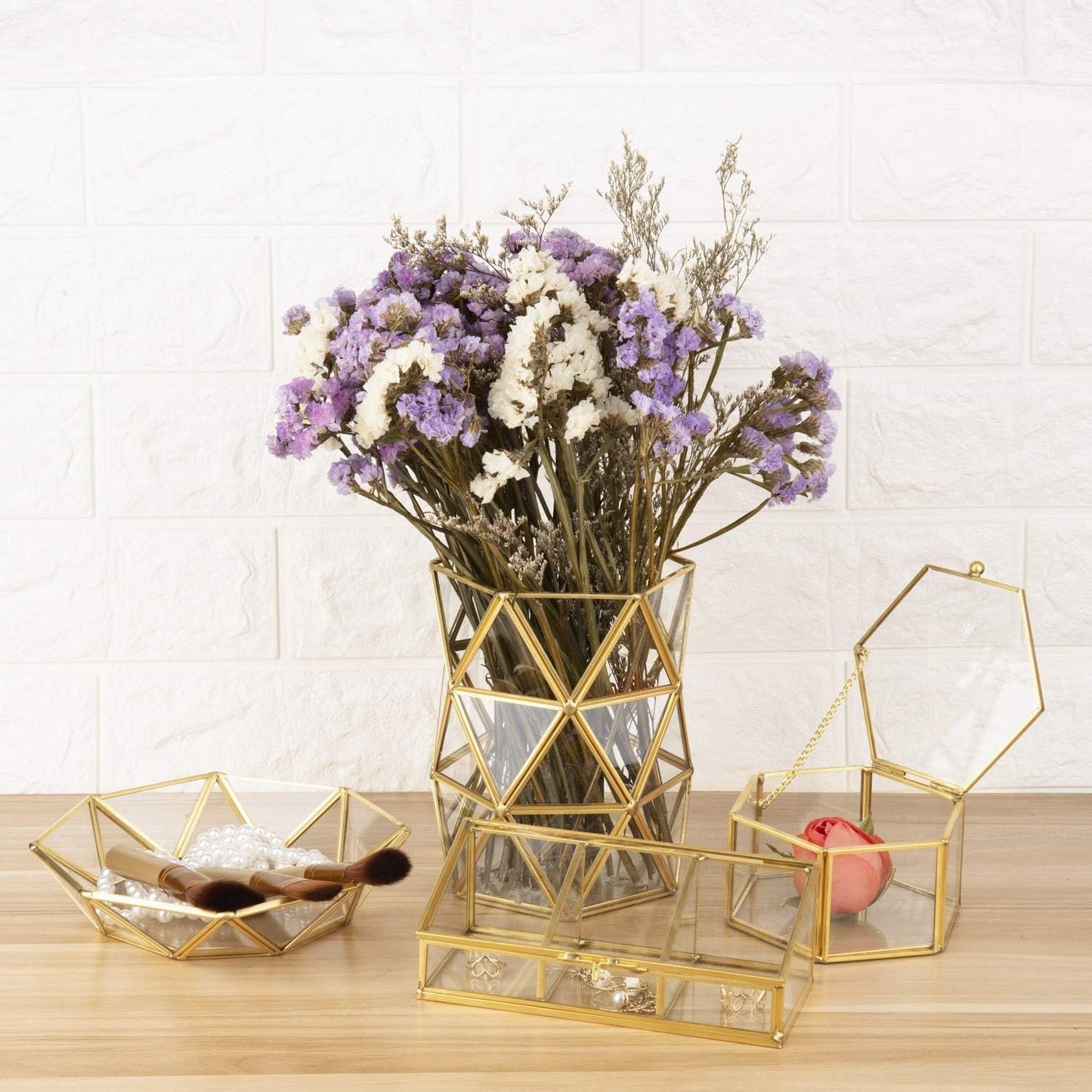 Elegant Gold Glass Keepsake Box paired with Feyarl glass organizers to create a refined and stylish home decor display