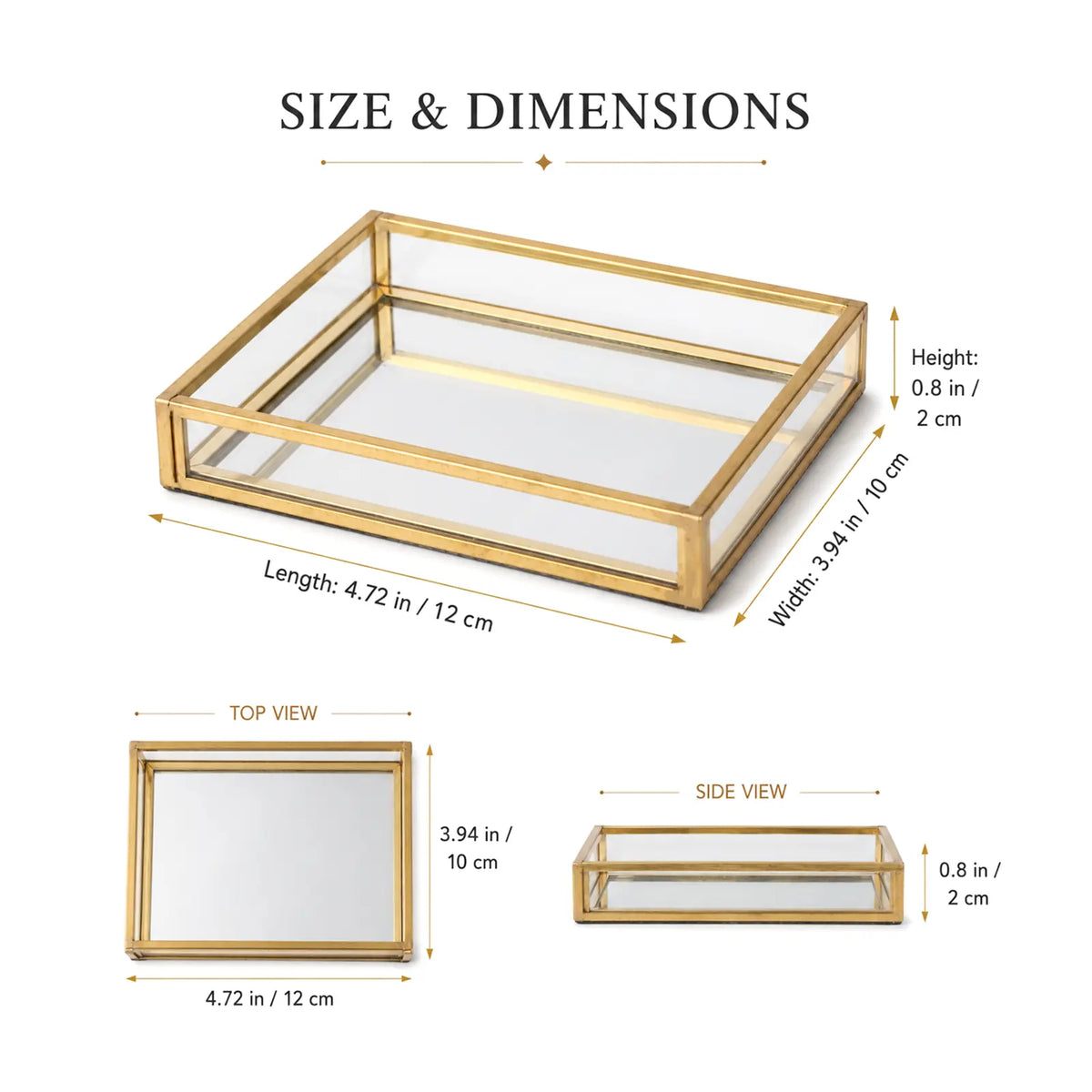 Gold Glass Vanity Organizer showing product dimensions for accurate size reference