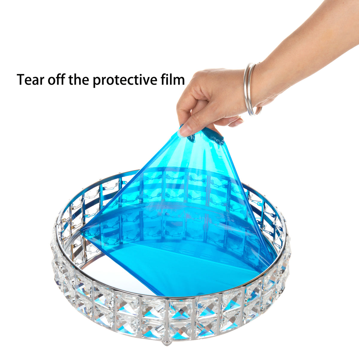 Protective Film Crystal Perfume Tray showing removable glass surface film before use for a clear reflective finish