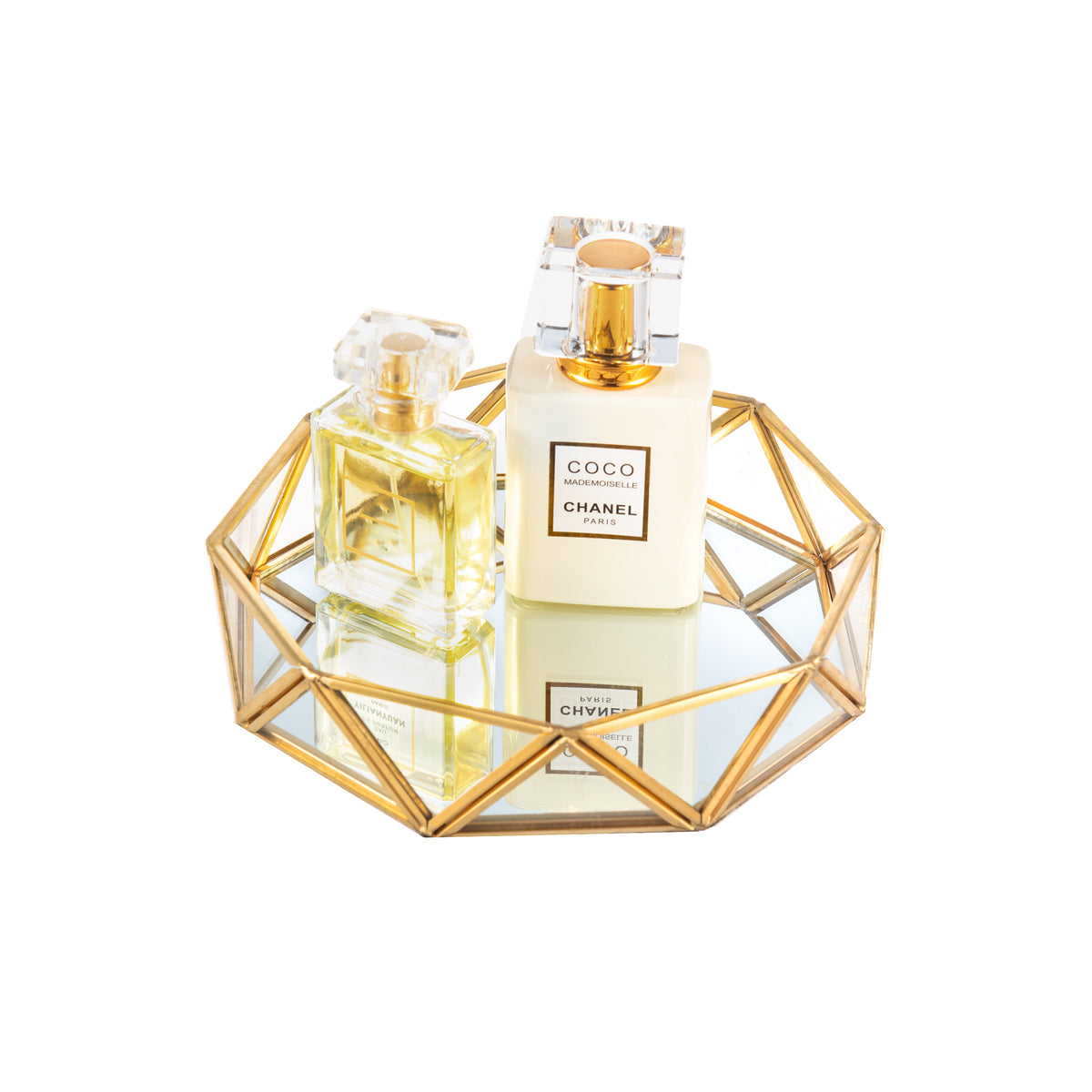 Feyarl Glass Perfume Tray available in 9.5 inch and 7 inch sizes with elegant geometric design