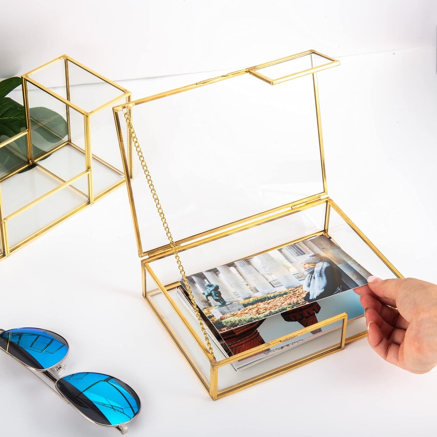 Gold Clear Glass Photo Mail Letter Box Bill Greeting Cards Keepsake Jewelry Trinket Shadow Organizer Collection Display Case Decorative Box with Lid for Home Deco Office Table