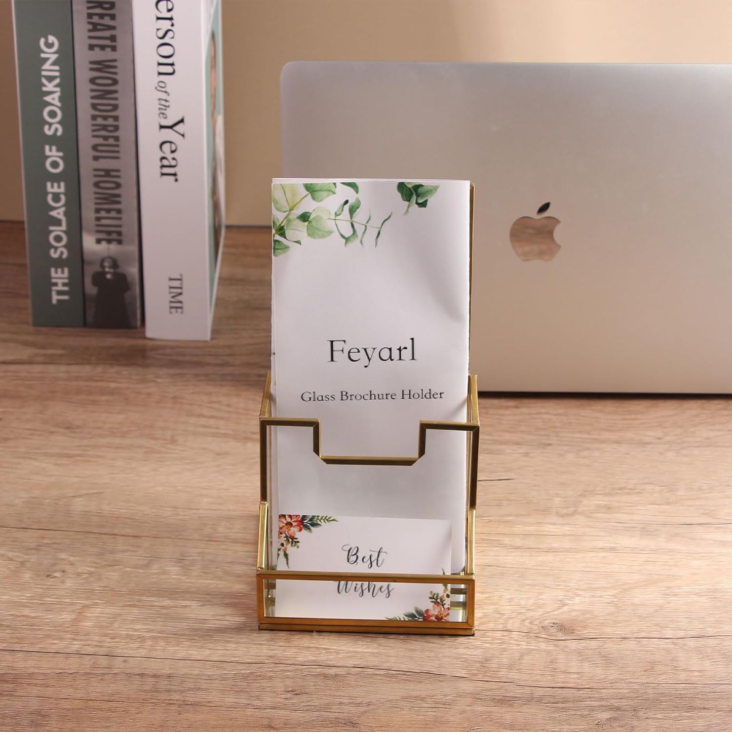 Gold edge glass pamphlet holder on office counter