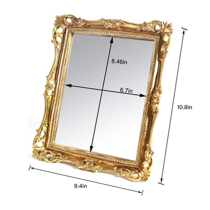 Miroir de maquillage rectangulaire vintage doré Feyarl | Miroir de courtoisie en résine de 10,8 x 9,4 pouces pour montage mural ou sur table | Miroir décoratif élégant pour commode et bureau
