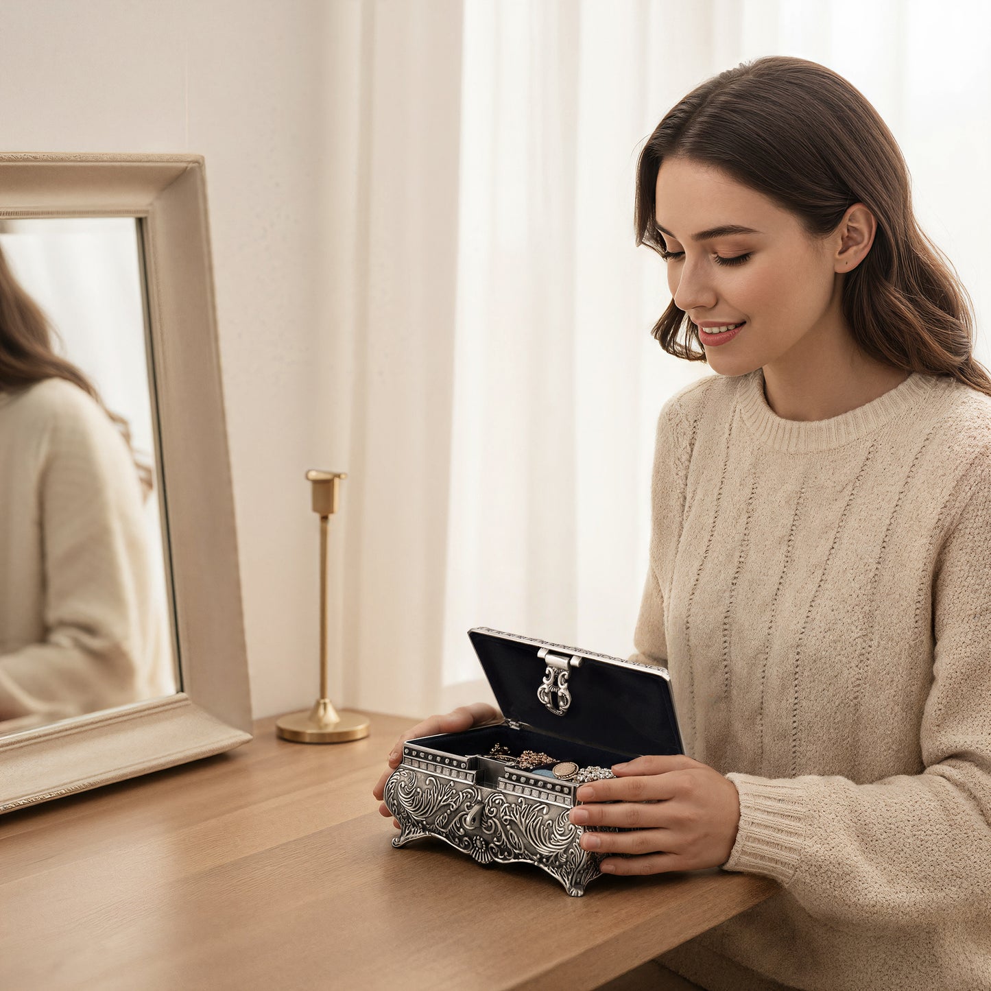 Feyarl Schmuckschatulle im Vintage-Stil, 17 x 11 x 8,9 cm, Ohrring- und Ring-Organizer, Erinnerungsetui für Hochzeit und Heimdekoration