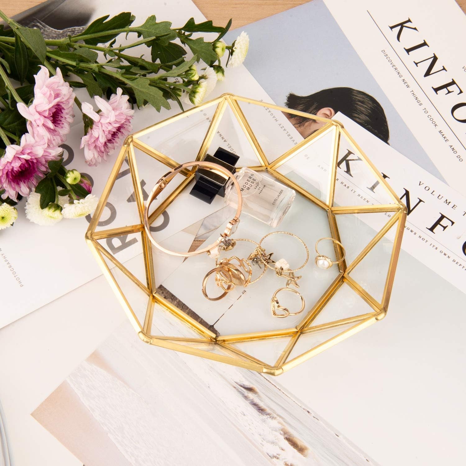 Gold Clear Glass Jewelry Trinket Tray Dish Plate Ornate Ring Earring Cosmetic Vanity Decorative Tray Organizer Storage for Display Dressing Tabletop Countertop(Octagonal)