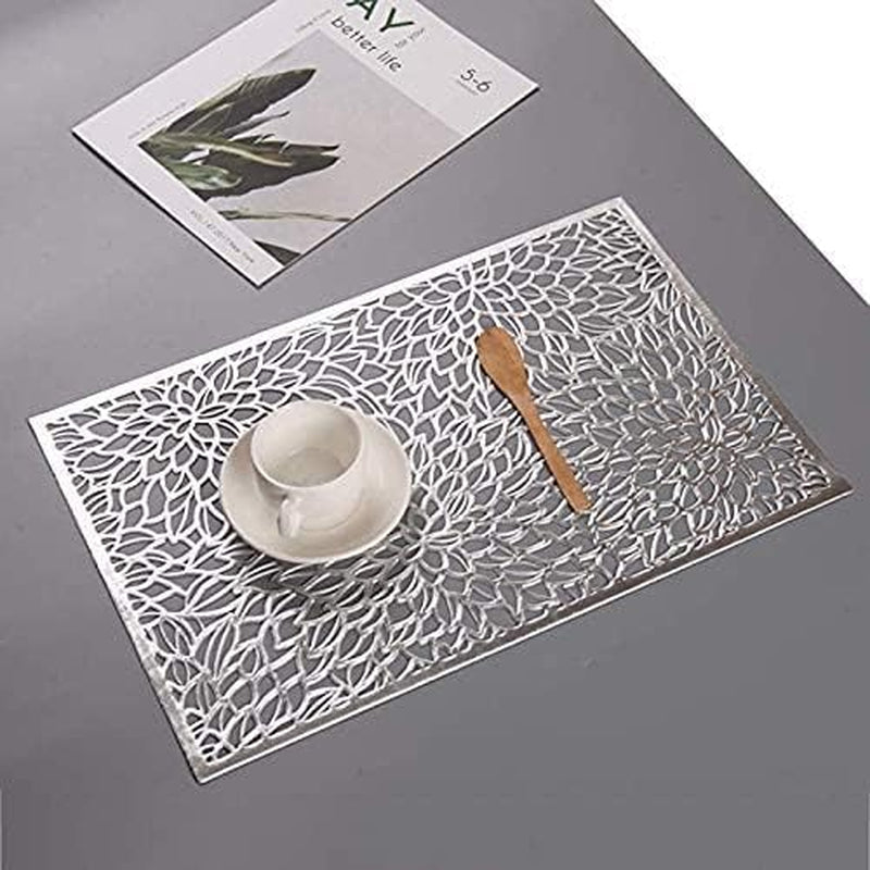 Metallic Vinyl Recttangle Placemats Slip Heat Resistant Laminated Plastic Morden Dining Table Textured Shimmer Scratch Proof Table Mats Kitchen Home Decor 4-Pieces ?12X18 Inches Silver