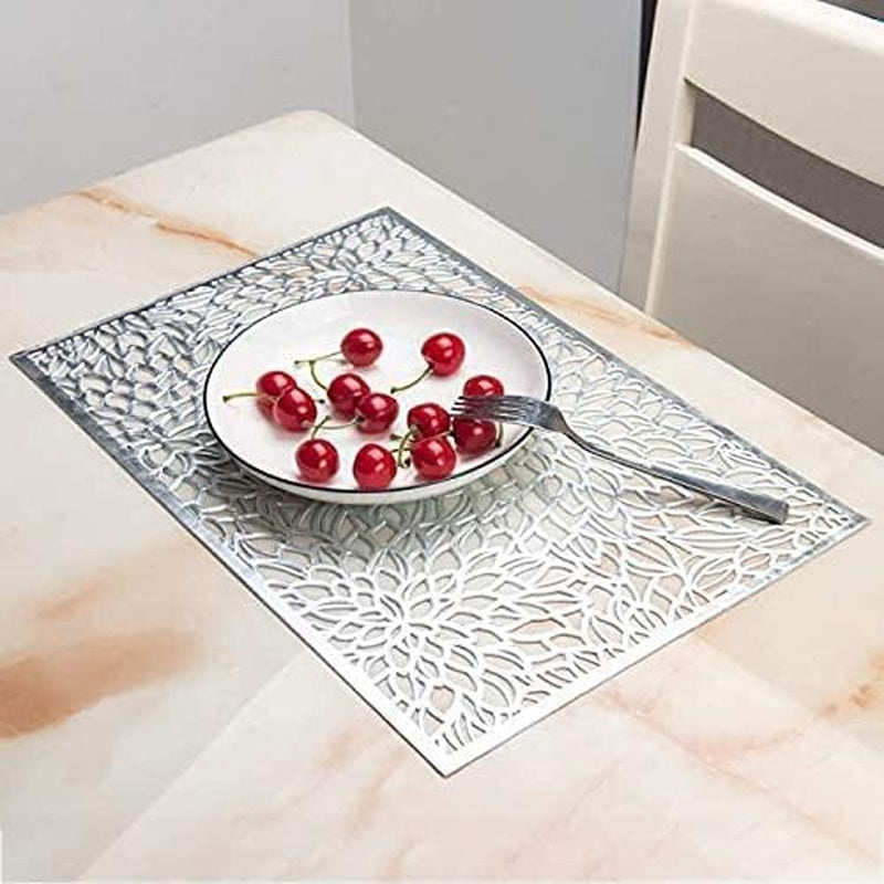 Metallic Vinyl Recttangle Placemats Slip Heat Resistant Laminated Plastic Morden Dining Table Textured Shimmer Scratch Proof Table Mats Kitchen Home Decor 4-Pieces ?12X18 Inches Silver