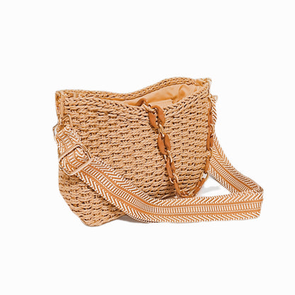 Eiyye Woven Crossbody Bag Straw Bag Shoulder Bag Adjustable Shoulder,Chain Strap Bag Summer Beach Bag, Beige