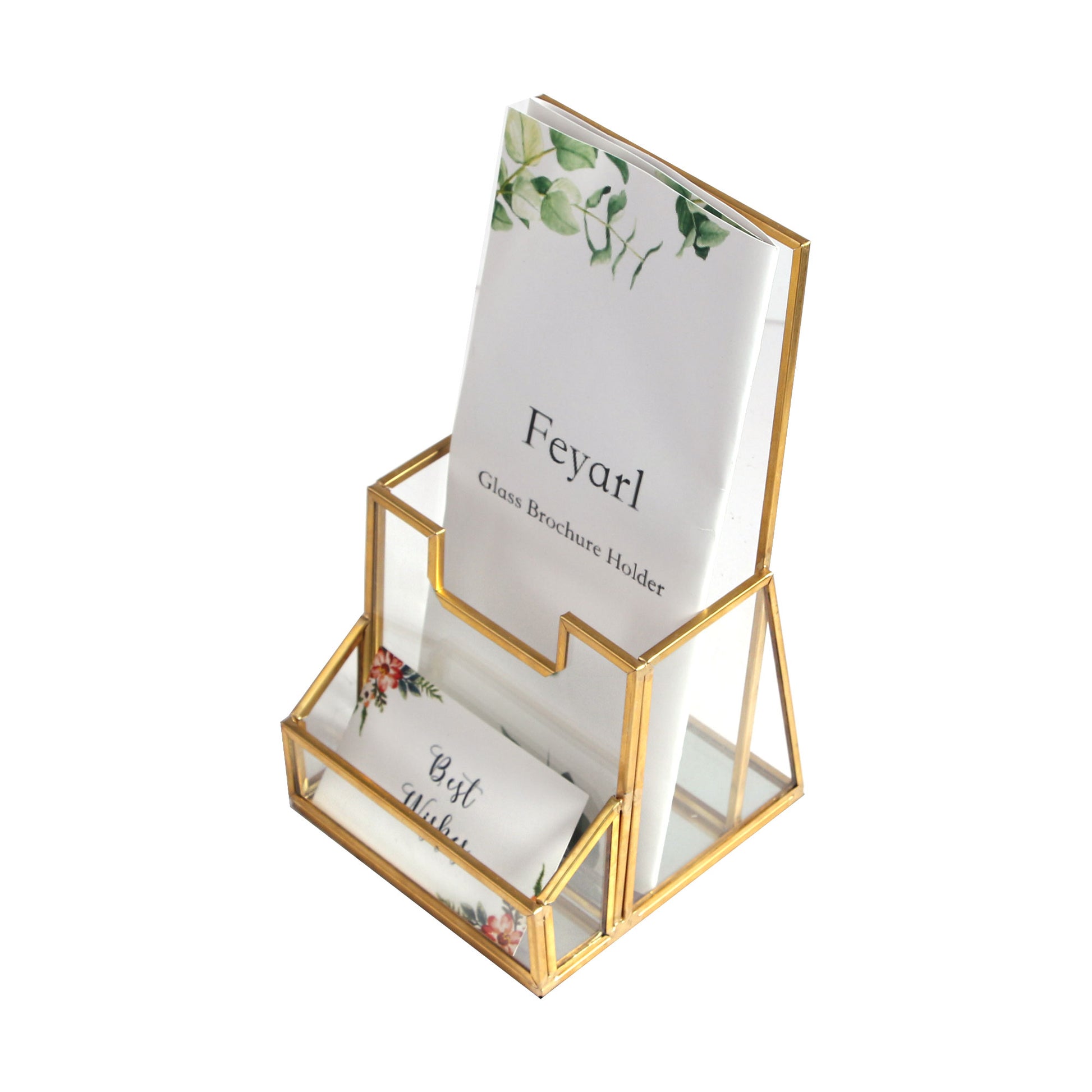 feyarl Gold Glass Brochure Holder Pamphlets Cards Literature Holder Flyer Trifold Holder Glass Display Stand with Business Card Holder for Brochures Magazines Literatures Display Countertop