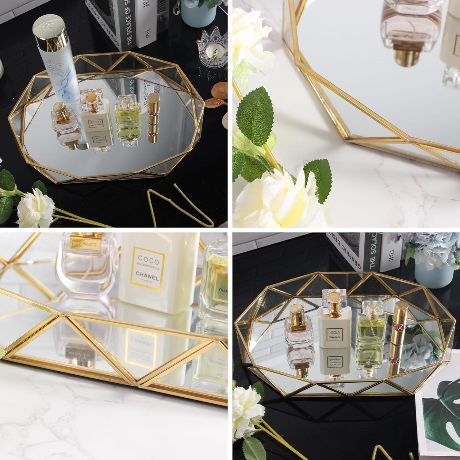 Gold Clear Glass Mirror Makeup Vanity Tray Jewelry Organizer Ornate Octagonal Shape Cosmetic Perfume Display Decorative Tray for Home Decor Dresser Tabletop Countertop (13.7 Inch)