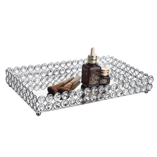 Feyarl Crystal Vanity Tray, 13.7x7.87 Inch Mirrored Organizer for Jewelry, Perfume, & Makeup, Decorative Tray for Dresser & Bathroom