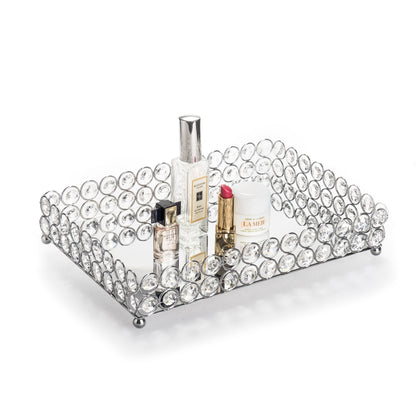 Crystal Vanity Makeup Perfume Tray Ornate Jewelry Trinket Organizer Cosmetic Decorative Tray Skin Care Storage for Home Dressing Table Wedding Decoration(Rectangle 12" X 8") (Silver)