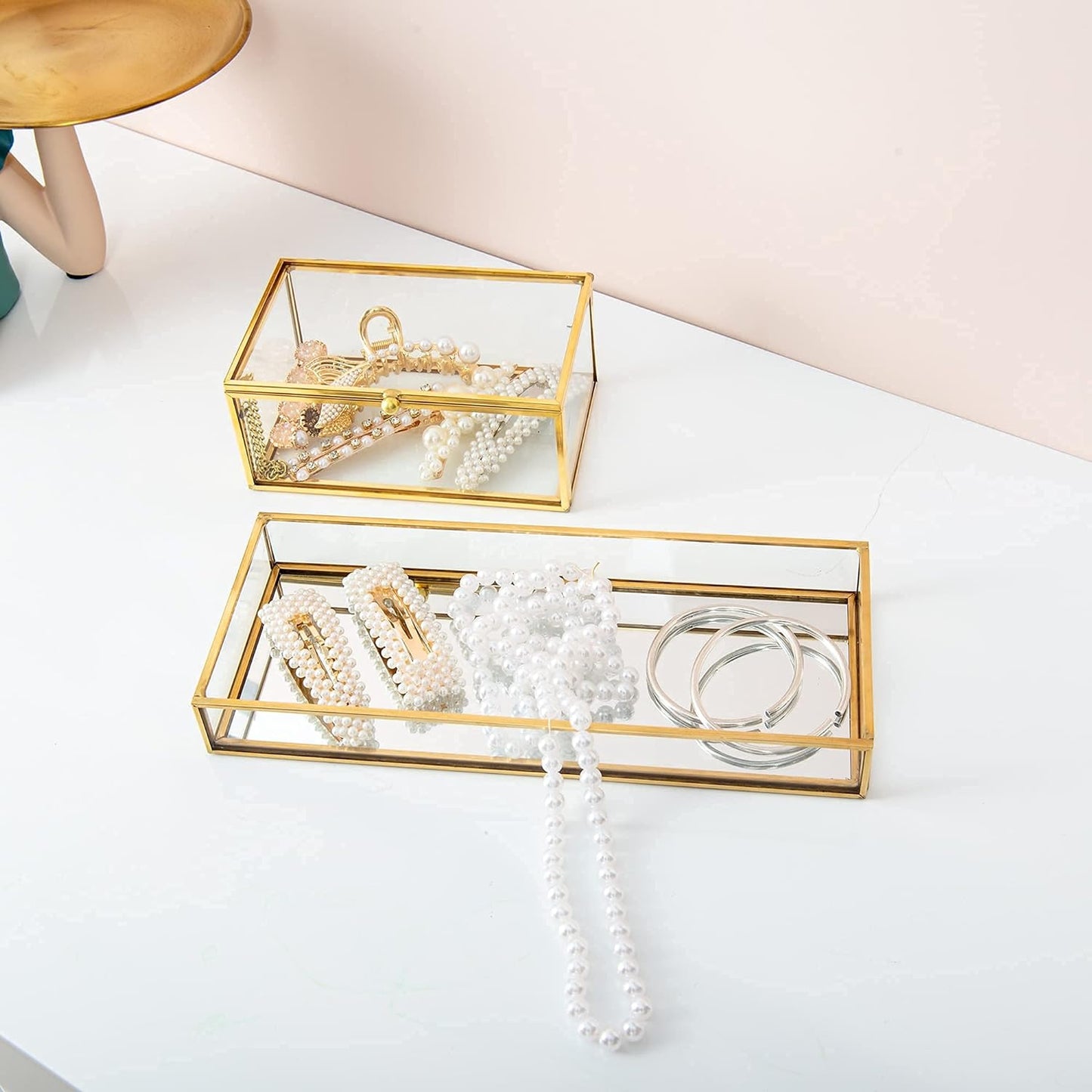 Gold Clear Glass Vanity Tray Jewelry Trinket Rings Earrings Organizer Perfume Collection Display Decorative Tray for Dressr Drawer Office Tabletop (7.87Inch)