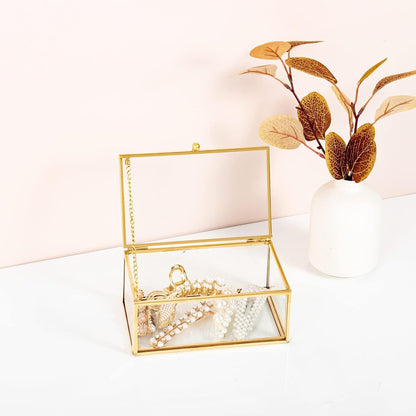 Gold Clear Glass Jewelry Trinket Box Shadow Vanity Makeup Rings Earrings Box Organizer Cards Display Case Decorative Keepsake Box with Lid for Home Deco Dresser Tabletop?5.7 X 3.54 X 2.36 Inch?