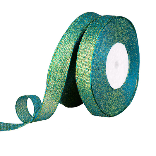 Feyarl Sparkly Green Ribbon, 5/8-Inch Wide, 50 Yards (2 Rolls) Metallic Glitter for Christmas, Crafts, Gift Wrap