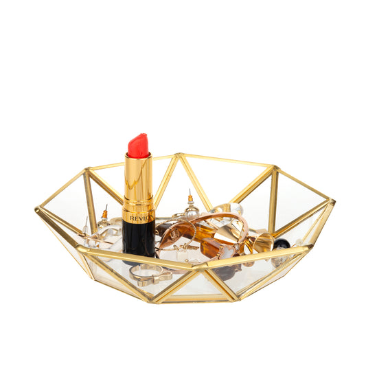 Feyarl Gold Glass Jewelry Tray, Octagonal Decorative Dish for Rings, Earrings, and Cosmetics, Vanity & Tabletop Organizer