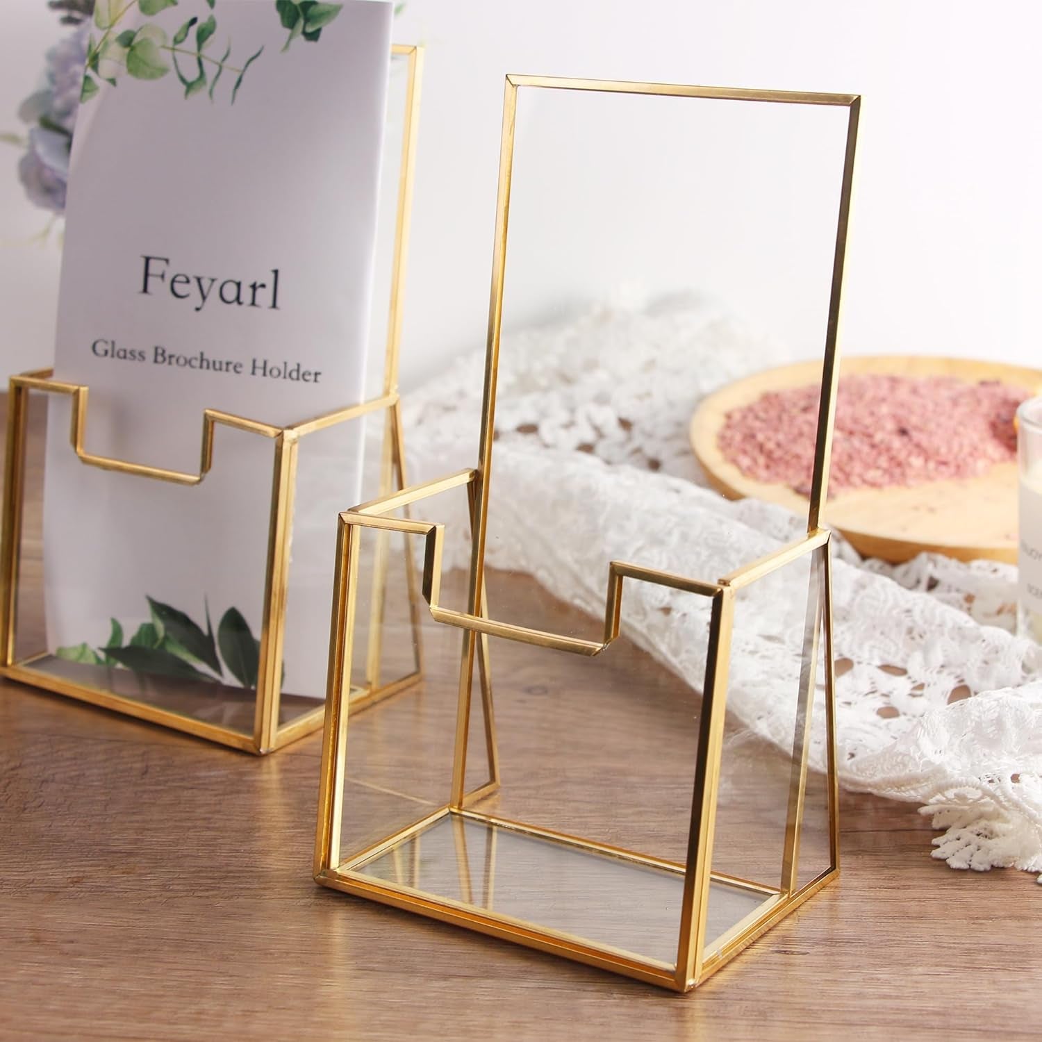 Gold Glass 4 Inch Brochure Holders Pamphlets Cards Literature Holder Flyer Trifold Holder Glass Display Stand for Brochures Magazines Literatures Display Countertop