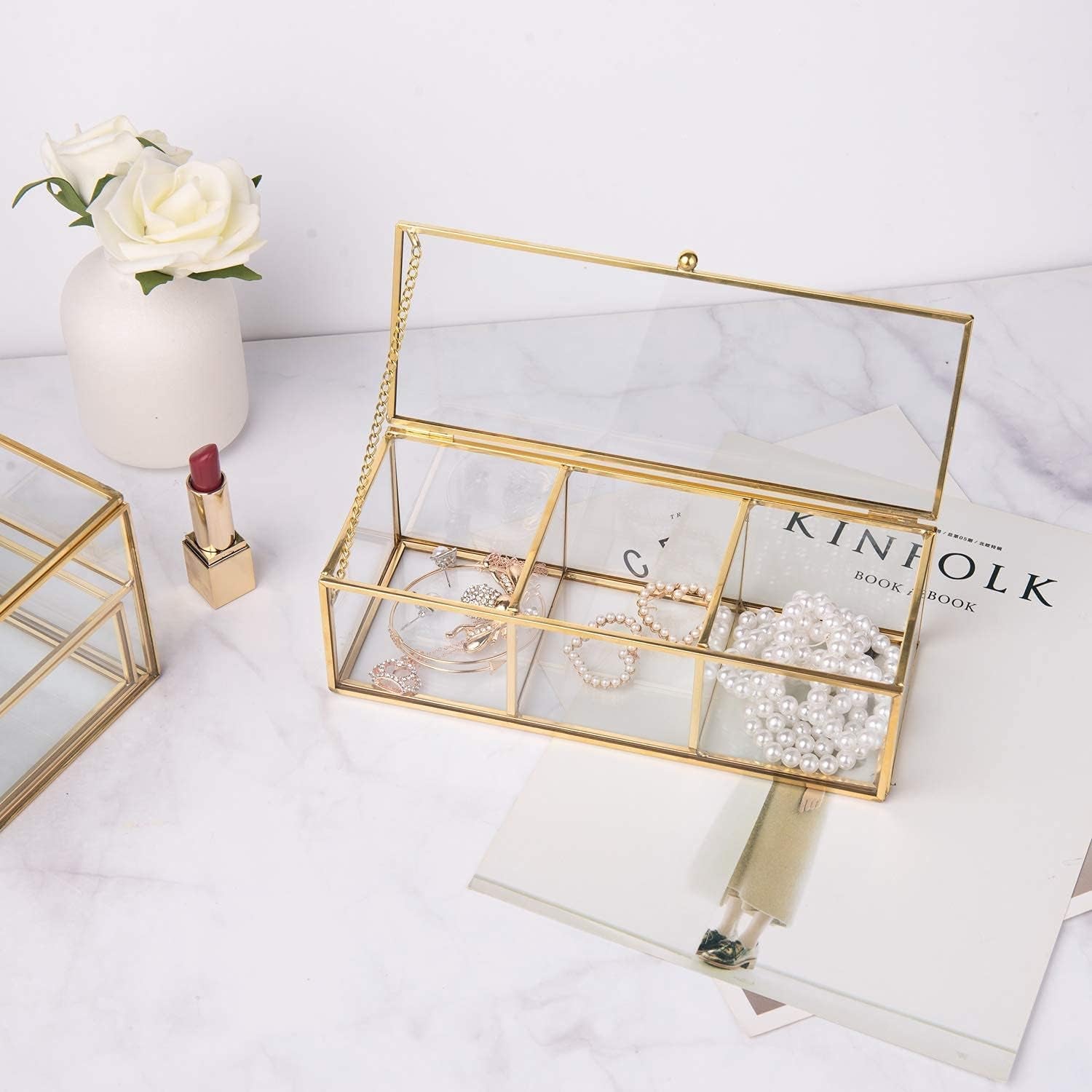 Gold Glass Tea Bags Box with Lid Cosmetics Countertop Canister Box Jar Storage Glass Jewelry Trinket Ring Earring Display Box Container for Cotton Swabs Makeup Sponges Bath Salts