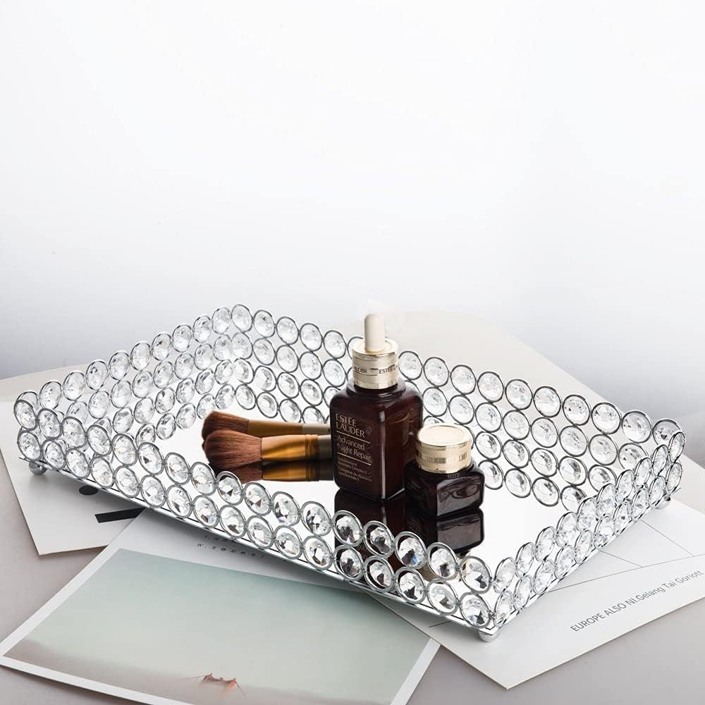 Large Crystal Cosmetic Perfume Vanity Makeup Tray Mirrored Jewelry Trinket Rings Earrings Tray Organizer Storage Decorative Tray for Dresser Countertop Wedding Home Bathroom(13.7" X 7.87")