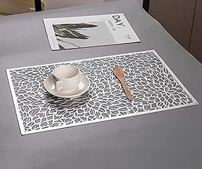 Metallic Vinyl Recttangle Placemats Slip Heat Resistant Laminated Plastic Morden Dining Table Textured Shimmer Scratch Proof Table Mats Kitchen Home Decor 4-Pieces ?12X18 Inches Silver