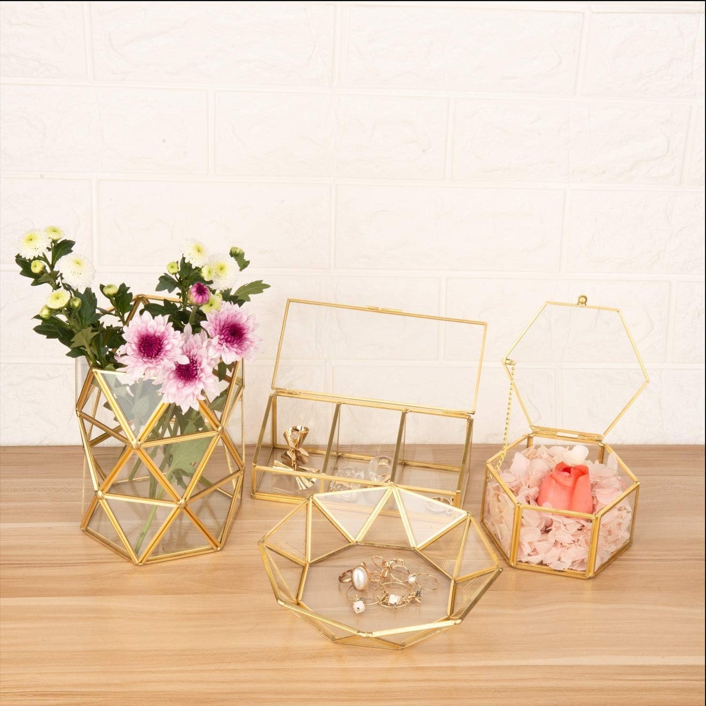 Gold Clear Glass Jewelry Trinket Box Ornate Ring Earring Box Preserved Flower Glass Keepsake Decorative Box with Lid for Girl Women Birthday Gift(4.2 X 4.2 X 2.36Inches)