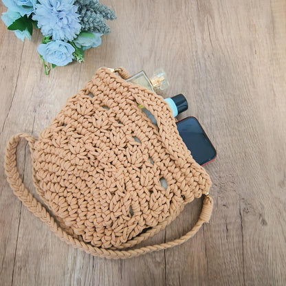 Summer Crossbody Bag Crochet Purse Women Handbag Beach Bag Knit Bag Shoulder Bag for Travel Vacation Khaki