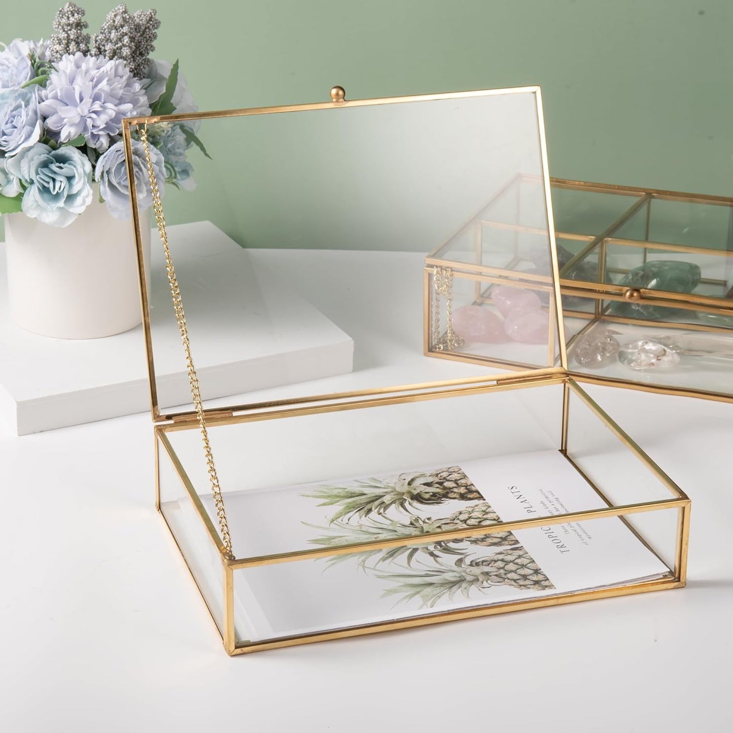 Gold Clear Glass Jewelry Trinket Box Photo Cards Shadow Lidded Box Organizer Collection Display Case Decorative Keepsake Box for Home Deco