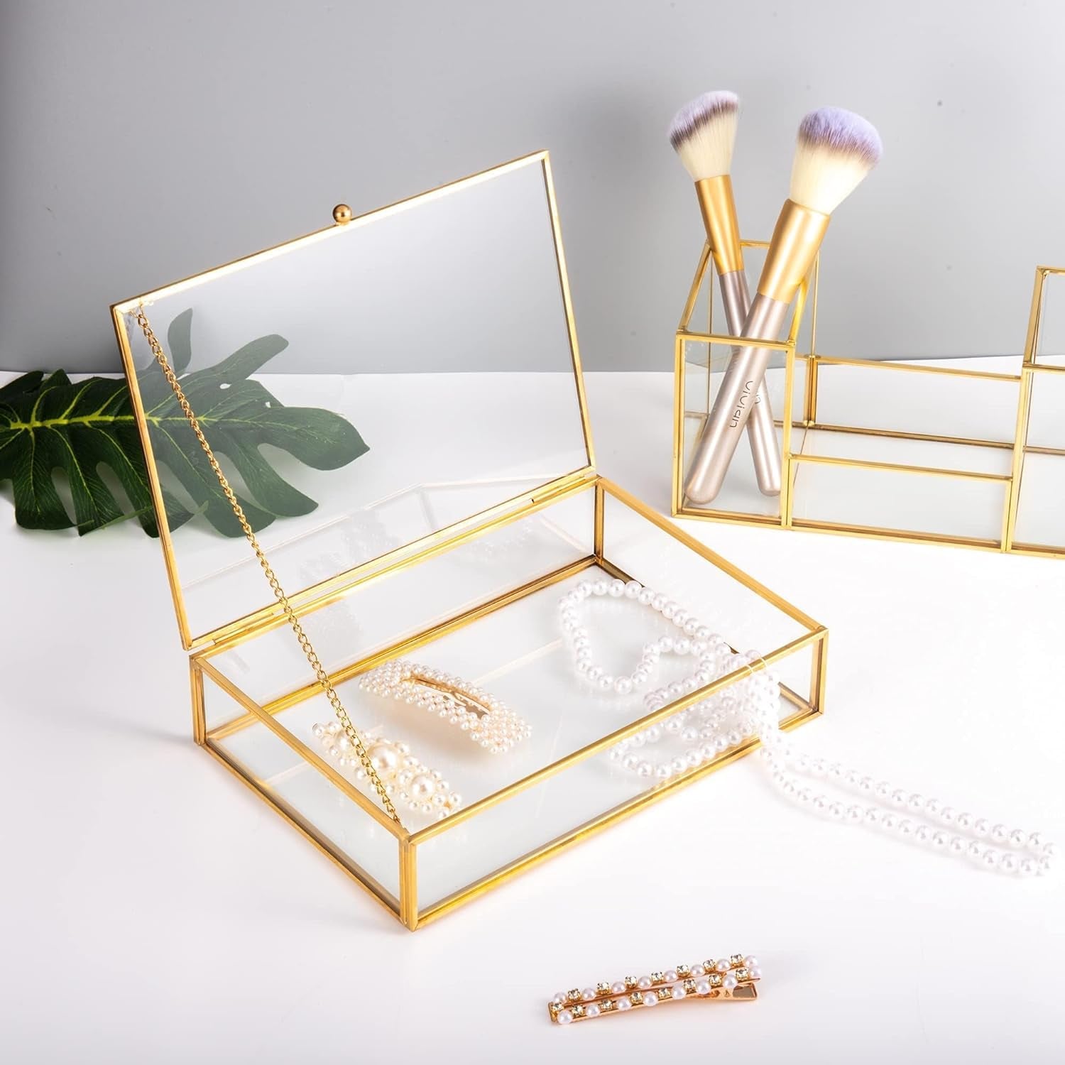 Gold Clear Glass Jewelry Trinket Box Photo Cards Shadow Lidded Box Organizer Collection Display Case Decorative Keepsake Box for Home Deco