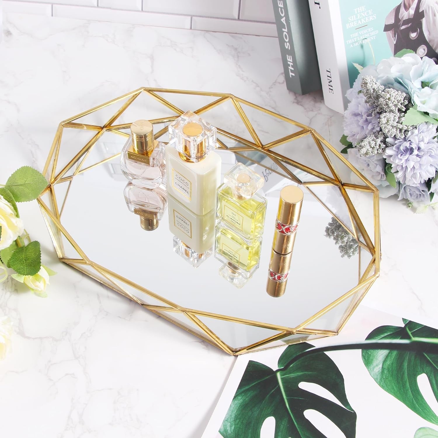 Gold Clear Glass Mirror Makeup Vanity Tray Jewelry Organizer Ornate Octagonal Shape Cosmetic Perfume Display Decorative Tray for Home Decor Dresser Tabletop Countertop (13.7 Inch)