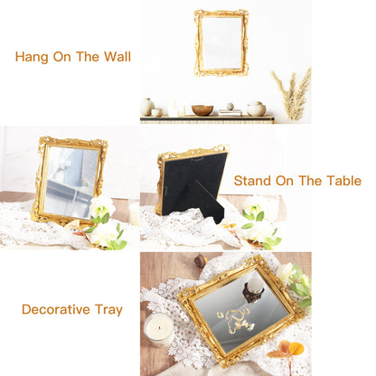 Miroir de maquillage rectangulaire vintage doré Feyarl | Miroir de courtoisie en résine de 10,8 x 9,4 pouces pour montage mural ou sur table | Miroir décoratif élégant pour commode et bureau