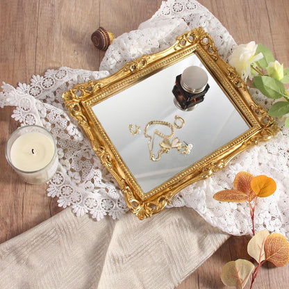 Miroir de maquillage rectangulaire vintage doré Feyarl | Miroir de courtoisie en résine de 10,8 x 9,4 pouces pour montage mural ou sur table | Miroir décoratif élégant pour commode et bureau