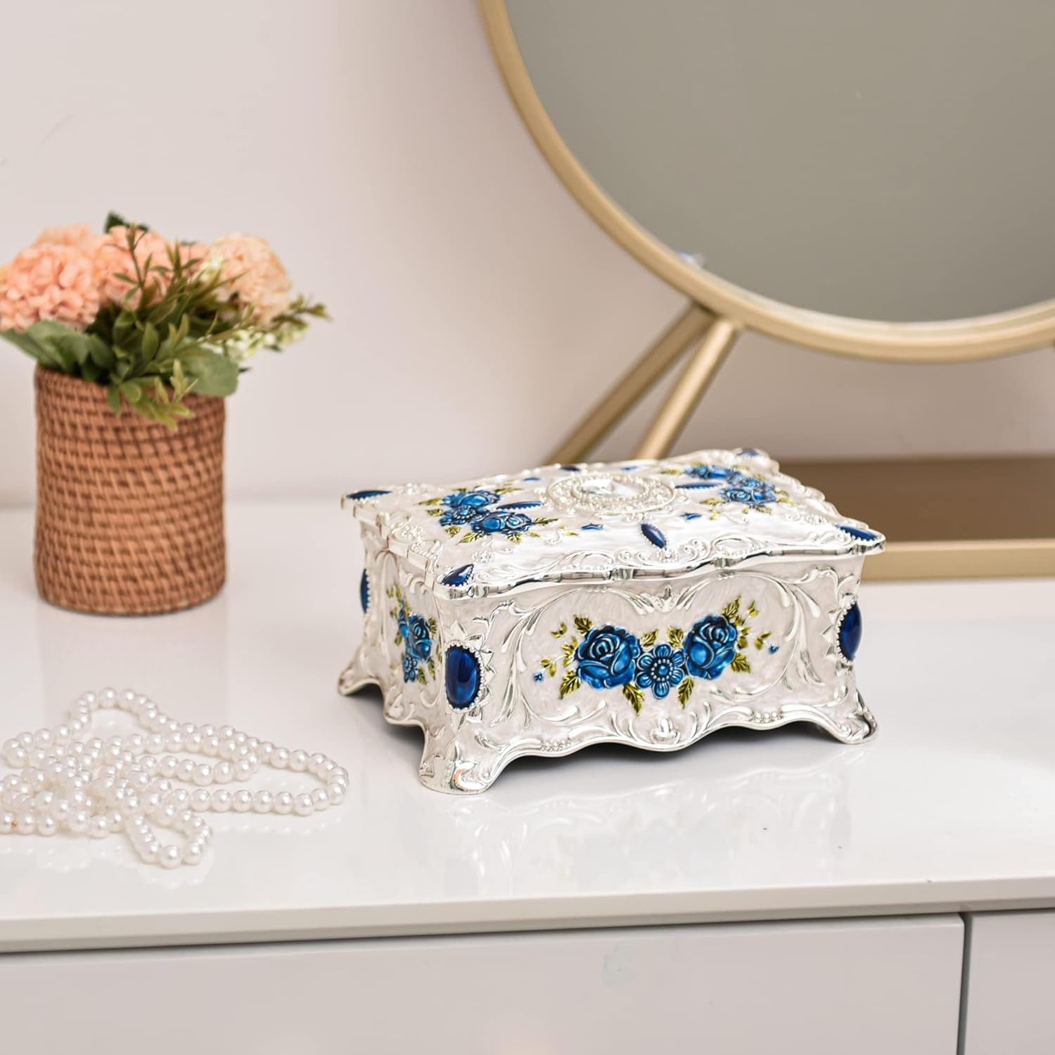 Vintage Jewelry Trinket Box Ornate Ring Earring Display Chest Case Antique Decorative Keepsake Organizer Box for Birthday Woman Girl Gift (Blue White)