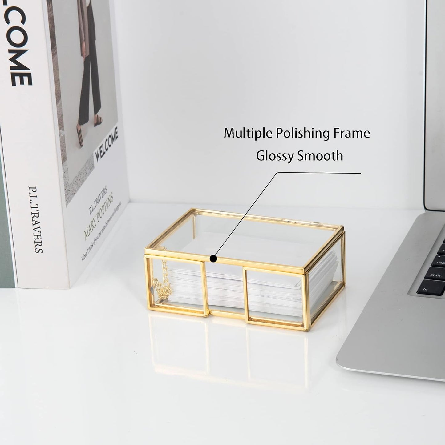 Clear Gold Glass Business Card Box with Lid Name Card Display Organizer Container Collection Storage for Office Desktop Countertop Meeting