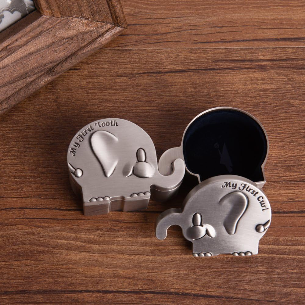 Kids First Curl and Teeth Fairy Holder Containter Keepsake Box Tins for Christening Newborn Shower Kids Birthday Gift Metallic Engraved Elephant Shape (2.4 X 1.6 X 1.2 Inches)