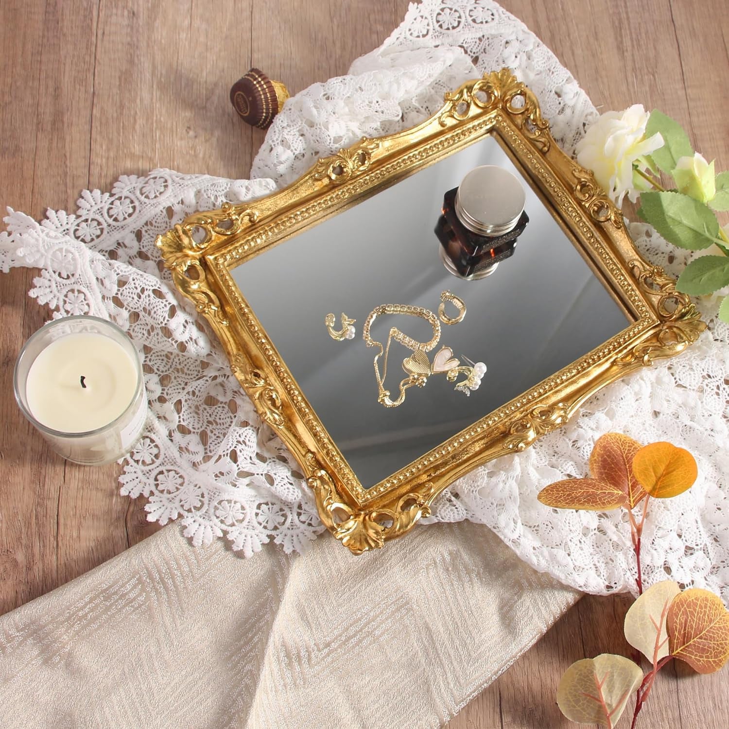 10.8 X 9.4 Inch Rectangular Vintage Makeup Mirror Resin Vanity Mirror for Wall Mounted Tabletop Dresser Desktop Decorative Mirror for Bathroom Bedroom Table Desk Home Decor