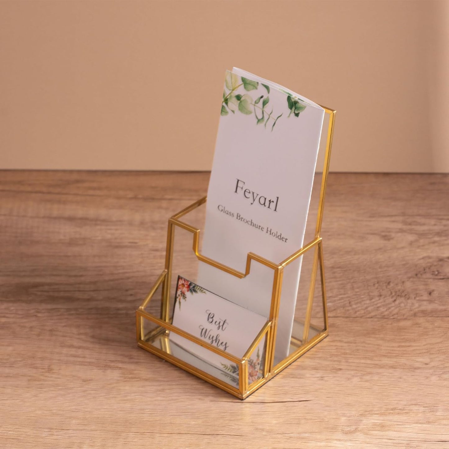 Gold Glass Brochure Holder Pamphlets Cards Literature Holder Flyer Trifold Holder Glass Display Stand with Business Card Holder for Brochures Magazines Literatures Display Countertop